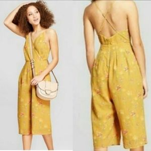 A NEW DAY Yellow Floral Print Wide Leg Cropped Jumpsuit with pocket